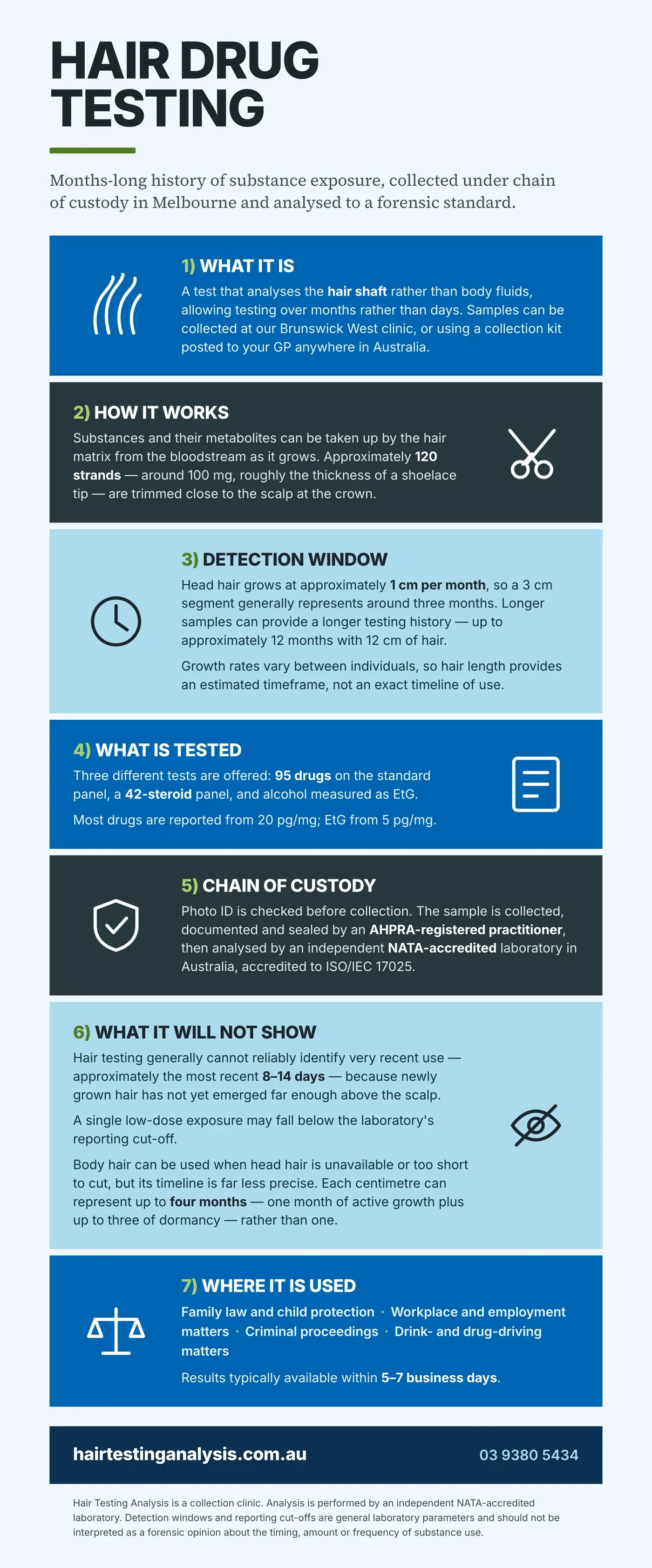 Seven-part chart explaining hair drug testing: what it is, how substances enter the hair as it grows, the detection window at one centimetre per month, the 95-drug and 42-steroid panels and alcohol EtG, the chain-of-custody steps, what the test cannot show, and where results are used.