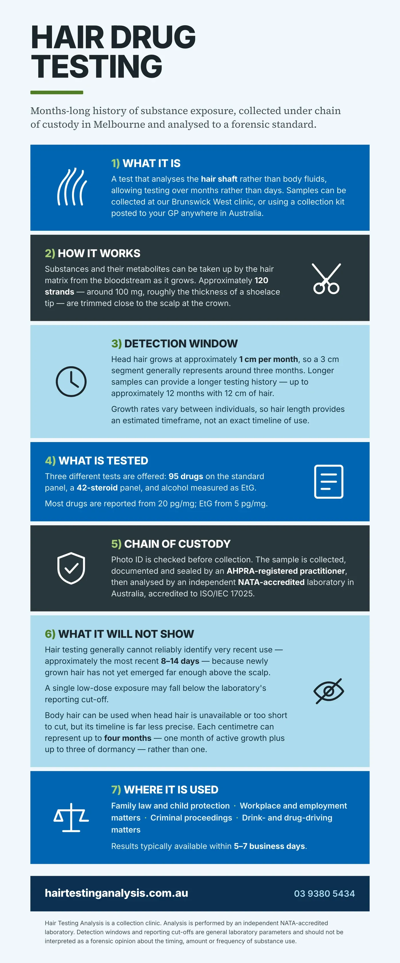 Seven-part chart explaining hair drug testing: what it is, how substances enter the hair as it grows, the detection window at one centimetre per month, the 95-drug and 42-steroid panels and alcohol EtG, the chain-of-custody steps, what the test cannot show, and where results are used.
