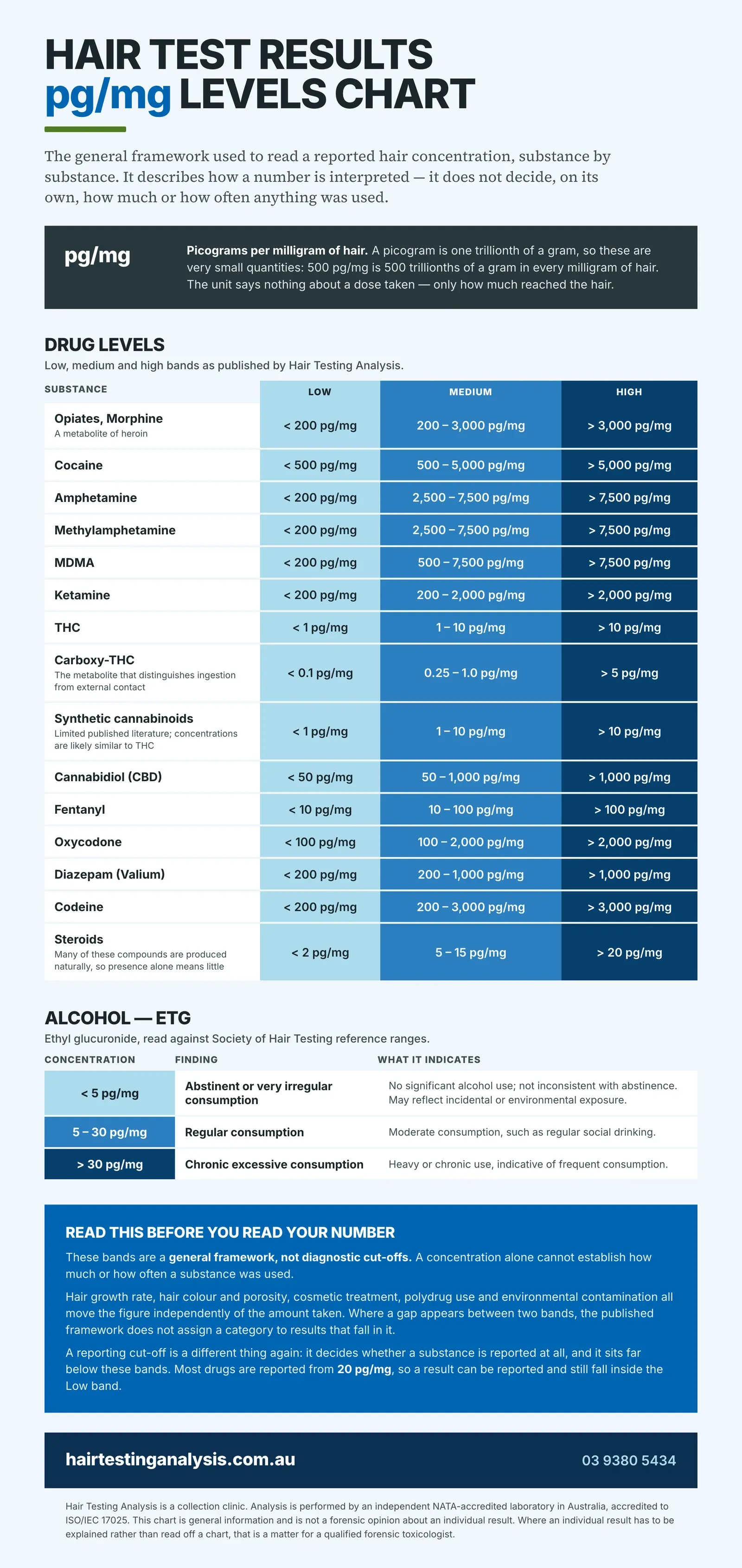 Chart of hair test interpretation levels in picograms per milligram, listing low, medium and high concentration bands for fifteen substances including opiates, cocaine, amphetamine, methylamphetamine, MDMA, ketamine, THC, fentanyl, oxycodone, diazepam and codeine, followed by the three alcohol EtG bands.
