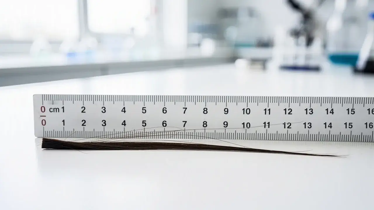 A lock of dark hair laid along a centimetre ruler on a white laboratory bench