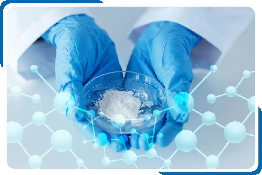 Lab technician analyzing MDMA substance for drug addiction research, surrounded by molecular diagrams, highlighting the focus on scientific study.