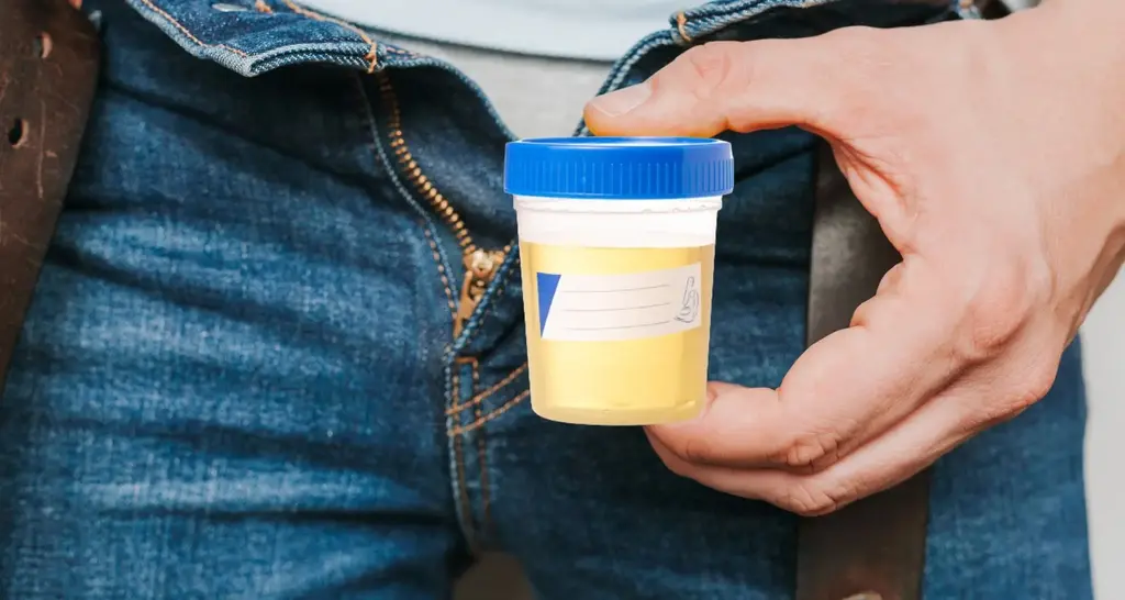 Comparing Urine drug testing with hair testing.Close-up of a hand holding a urine sample container in front of denim jeans, illustrating urine drug testing.