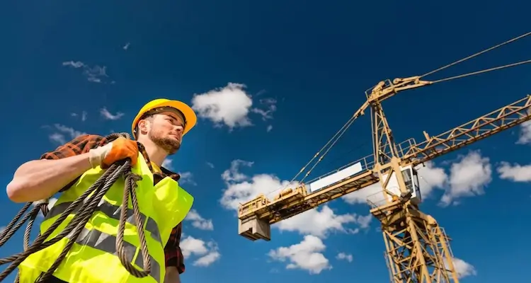 Construction worker in safety gear at a job site with a crane in the background, highlighting the importance of hair drug testing for workplace safety