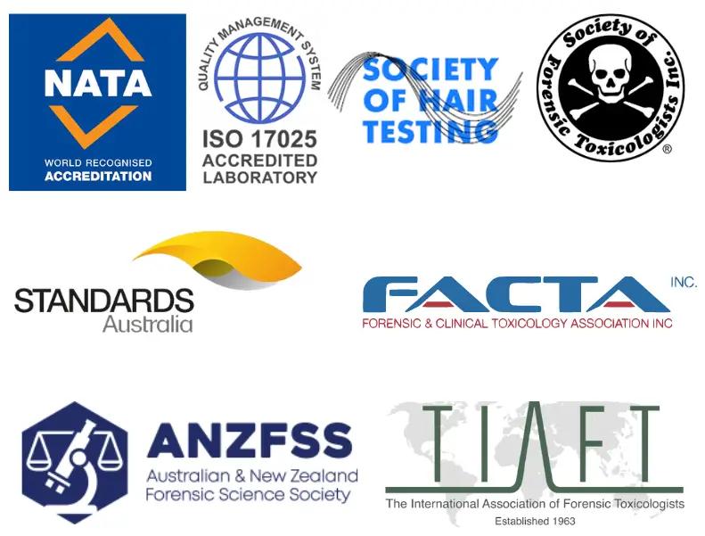 Collection of logos from various accreditation and certification bodies related to drug and alcohol testing, including NATA, Standards Australia, Society of Hair Testing, and others